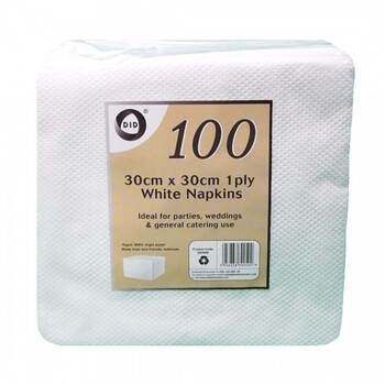 100pce 30cm X 30cm 1 Ply White Napkin
