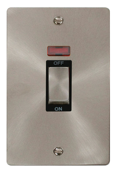 Define Flat Plate Brushed Steel 2 Gang 45A Vertical Double Pole Switch With Neon - Black Insert