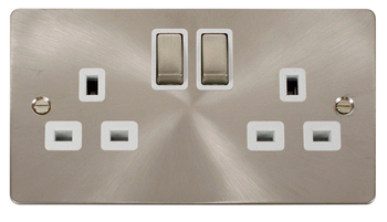 Define Flat Plate Brushed Steel 13A Double Switched Socket - White Insert