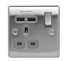 Single Switchded Socket Brushed Steel Grey Insert