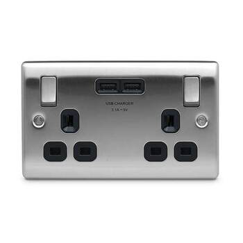 Twin Socket Brushed Steel + Usb