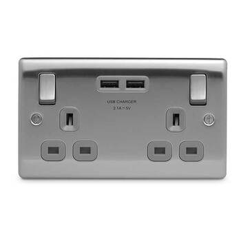 2 Gang Switched Socket + Usb Brushed Chrome