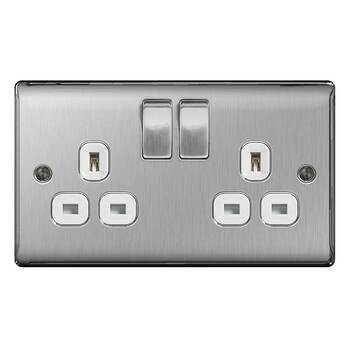 Twin Switched Socket Brushed Steel White Insert